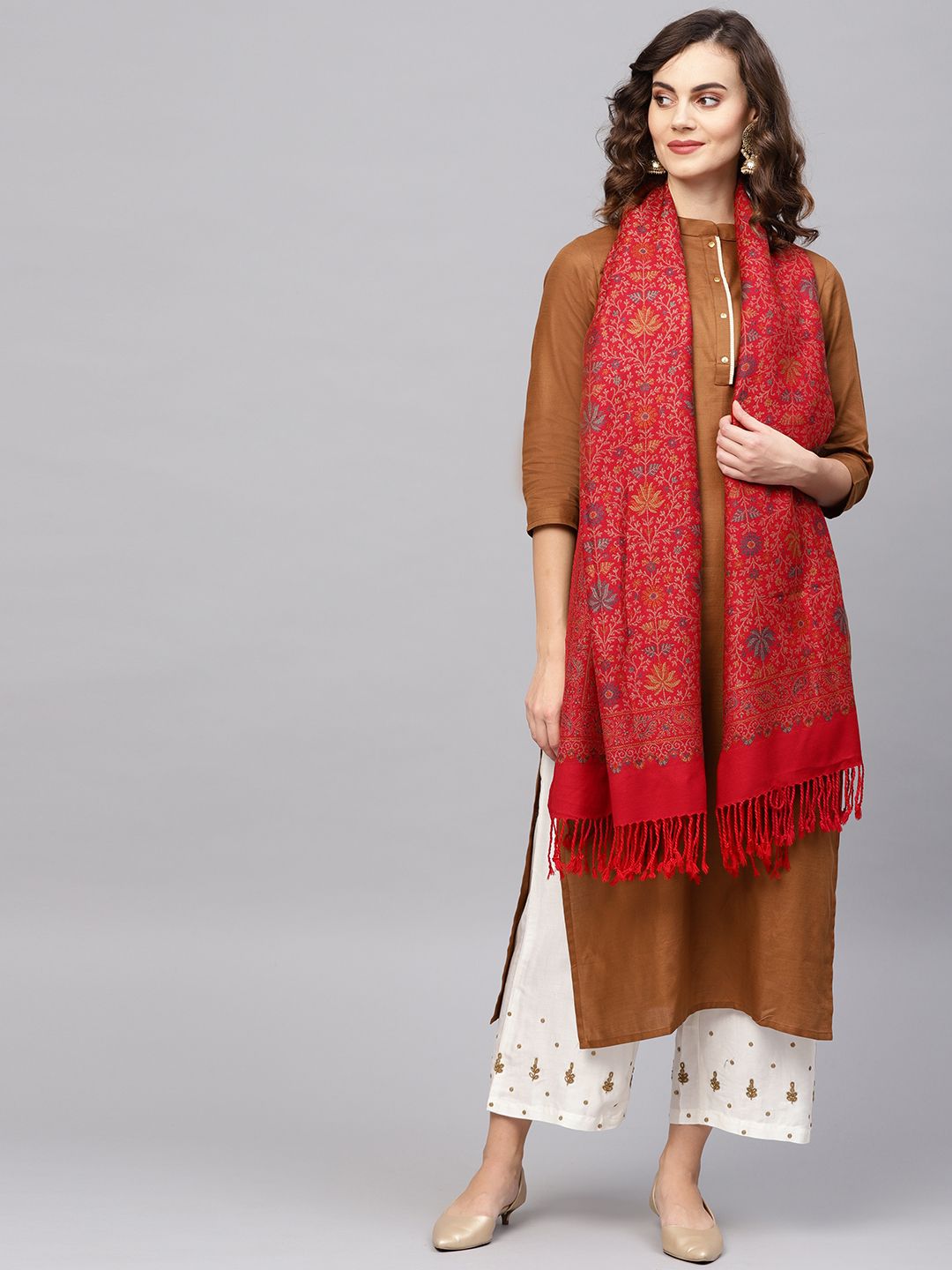 Indo Era Women Red & Taupe Woollen Stole Price in India