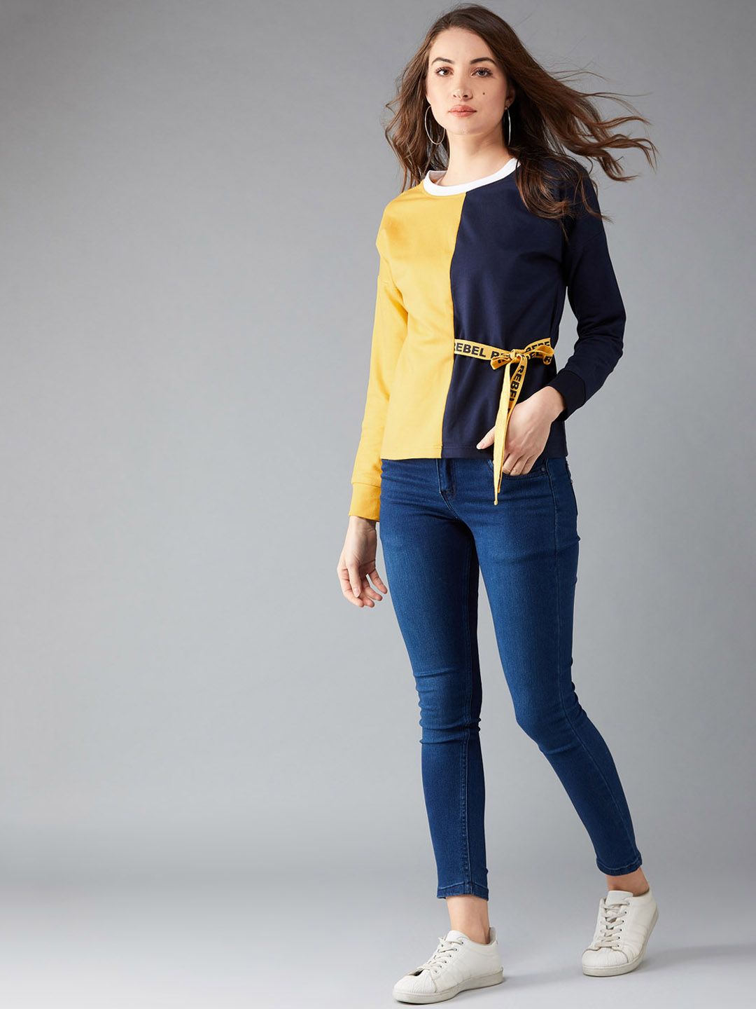 DOLCE CRUDO Women Yellow & Navy Blue Colourblocked Sweatshirt Price in India