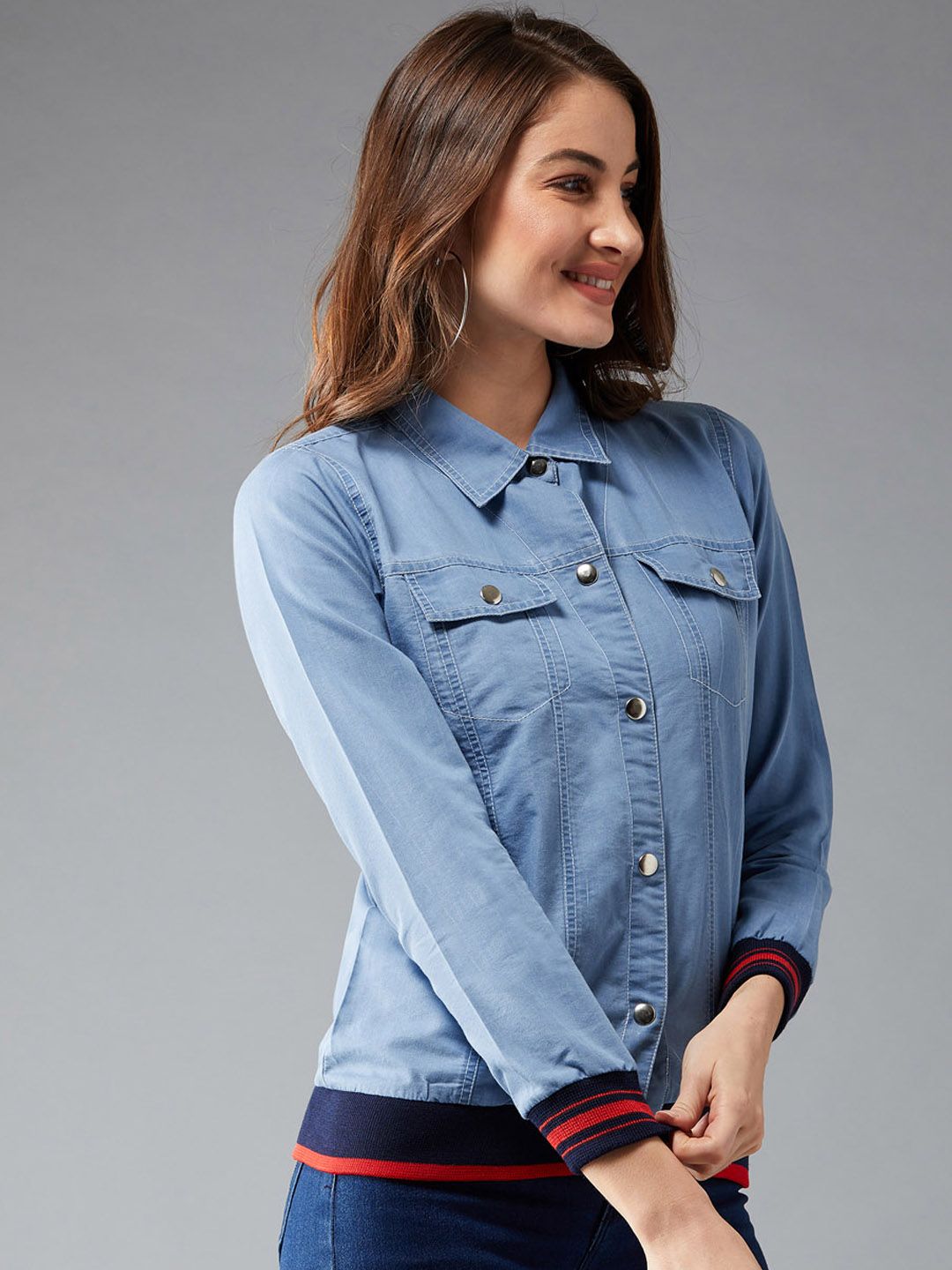 DOLCE CRUDO Women Blue Solid Denim Jacket Price in India