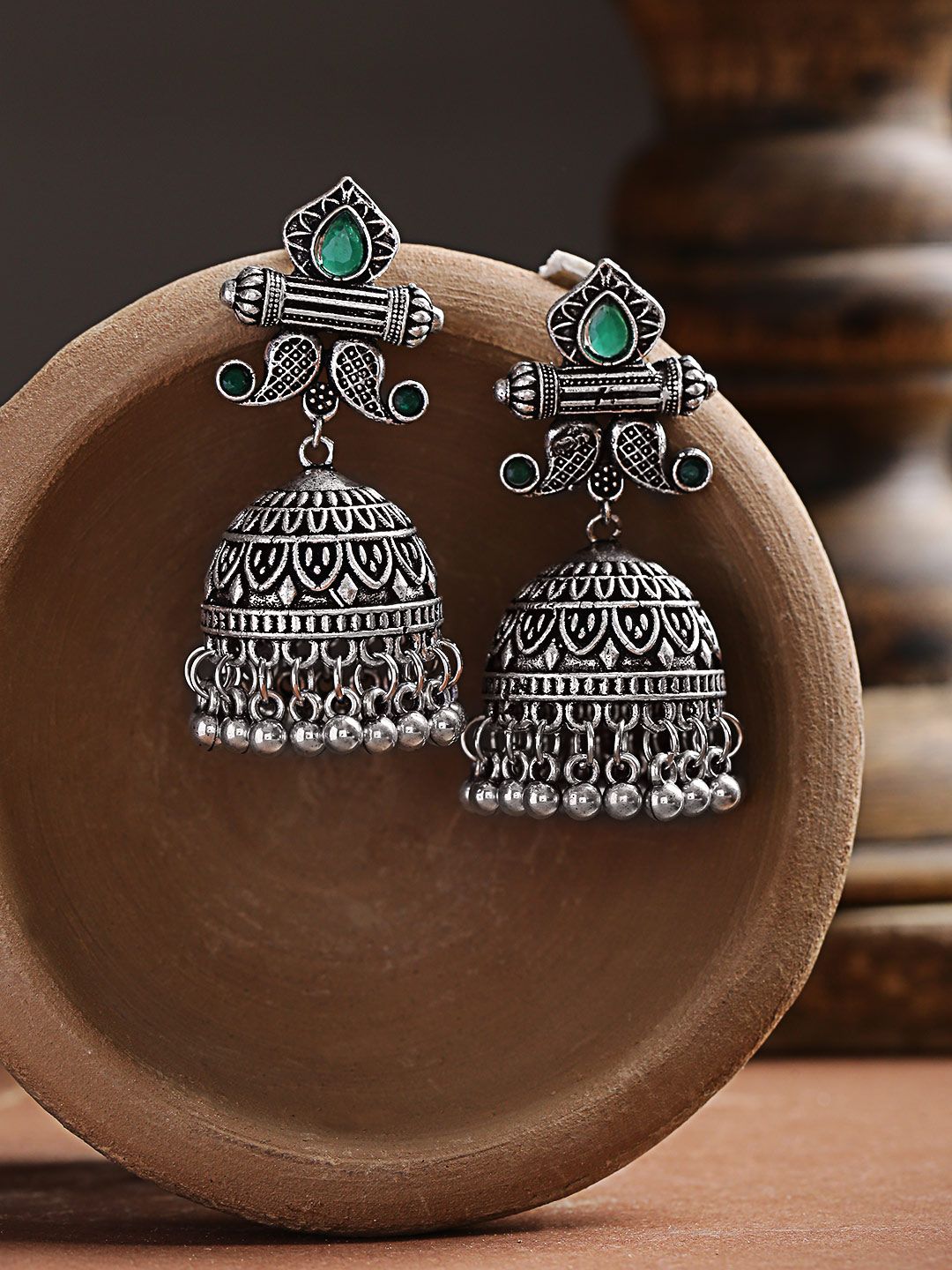 Infuzze Green Oxidised Silver-Plated Stone-Studded Handcrafted Dome Shaped Jhumkas Price in India