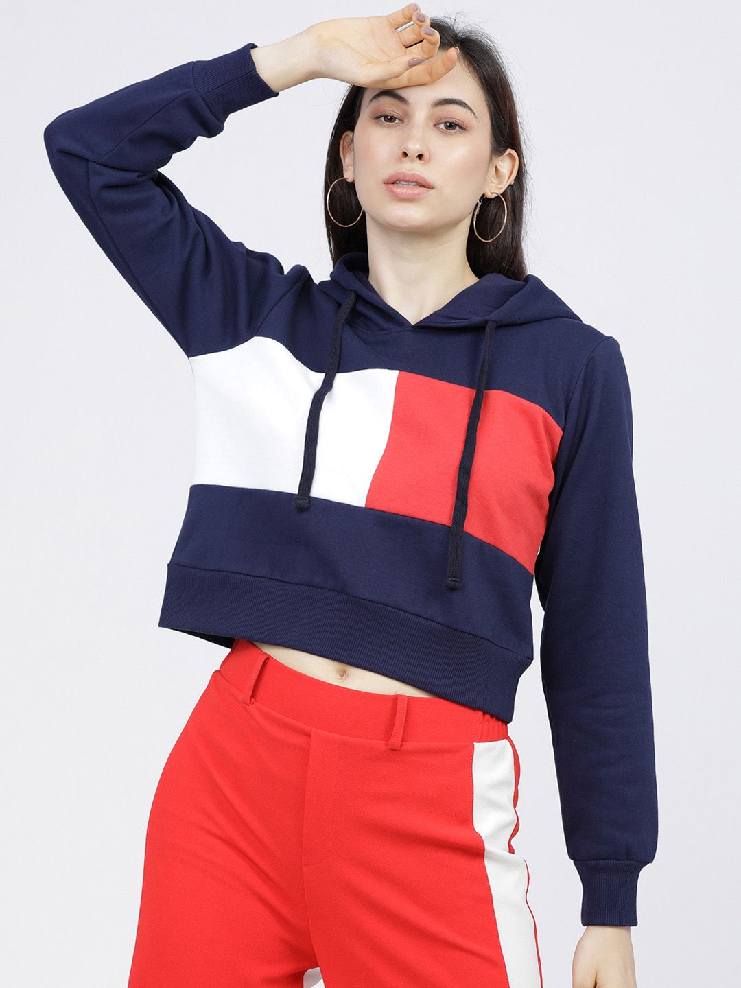 Tokyo Talkies Women Navy Blue & Red Colourblocked Hooded Sweatshirt Price in India