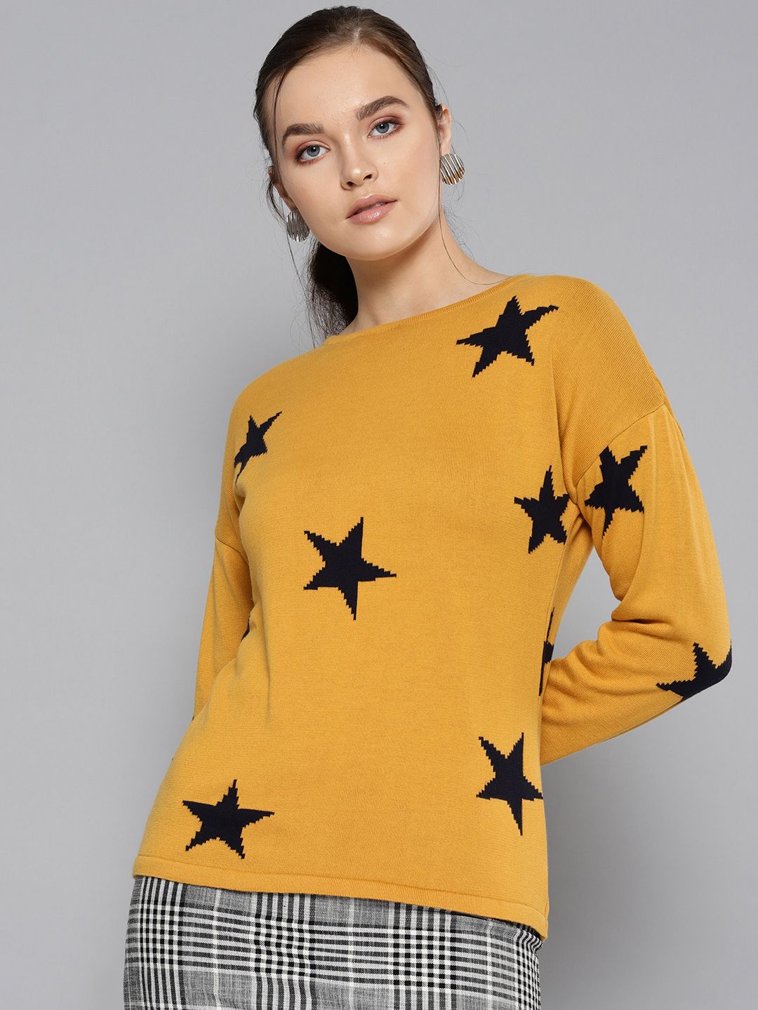 STREET 9 Women Mustard Yellow & Black Self Design Sweater Price in India