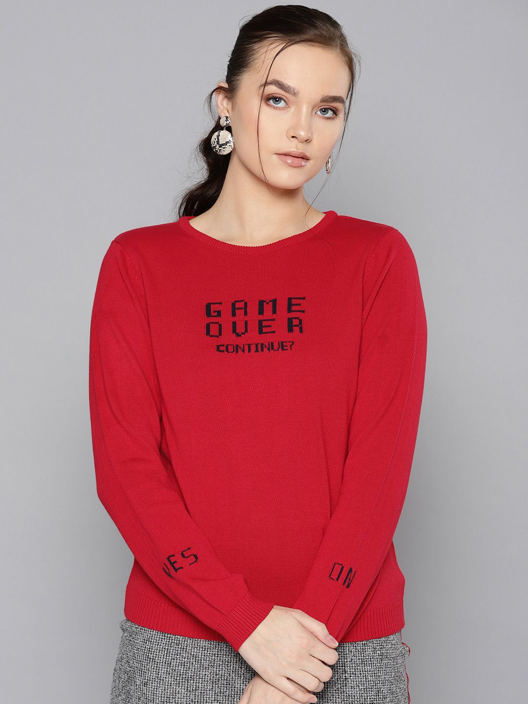 STREET 9 Women Red & Navy Blue Self Design Sweater Price in India