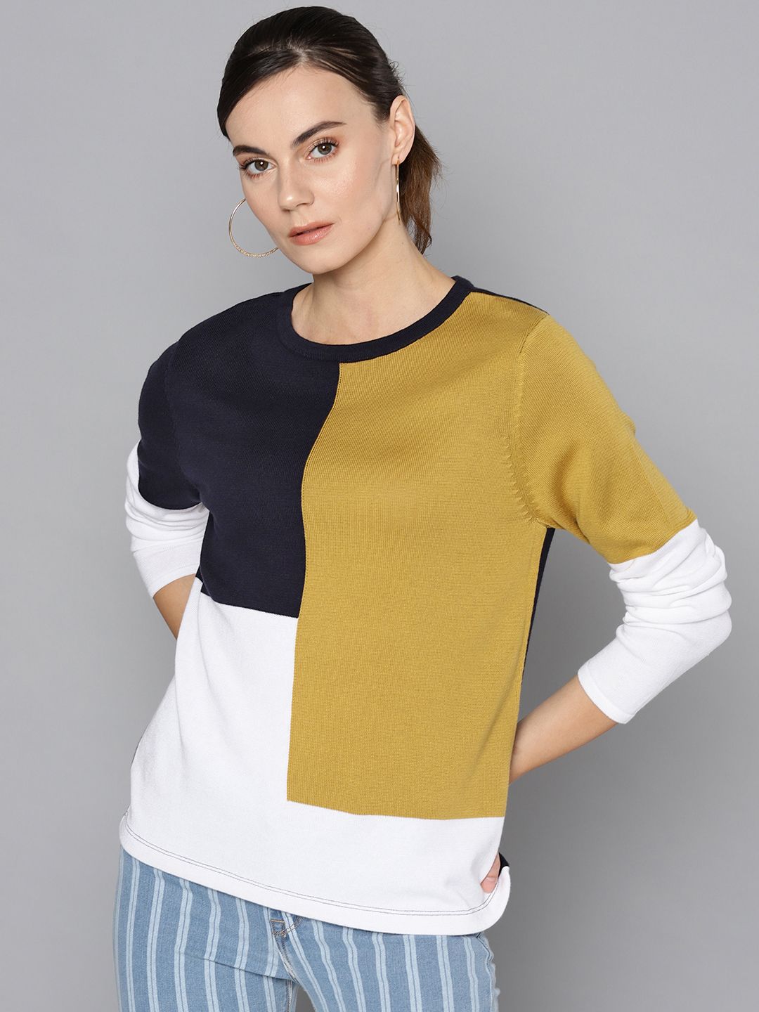 STREET 9 Women Mustard Yellow & Navy Blue Colourblocked Sweater Price in India