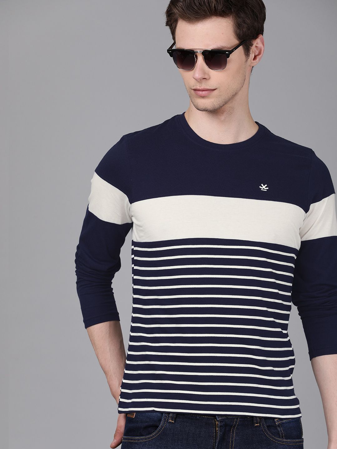 WROGN Men Navy Blue & White Striped Round Neck T-shirt
