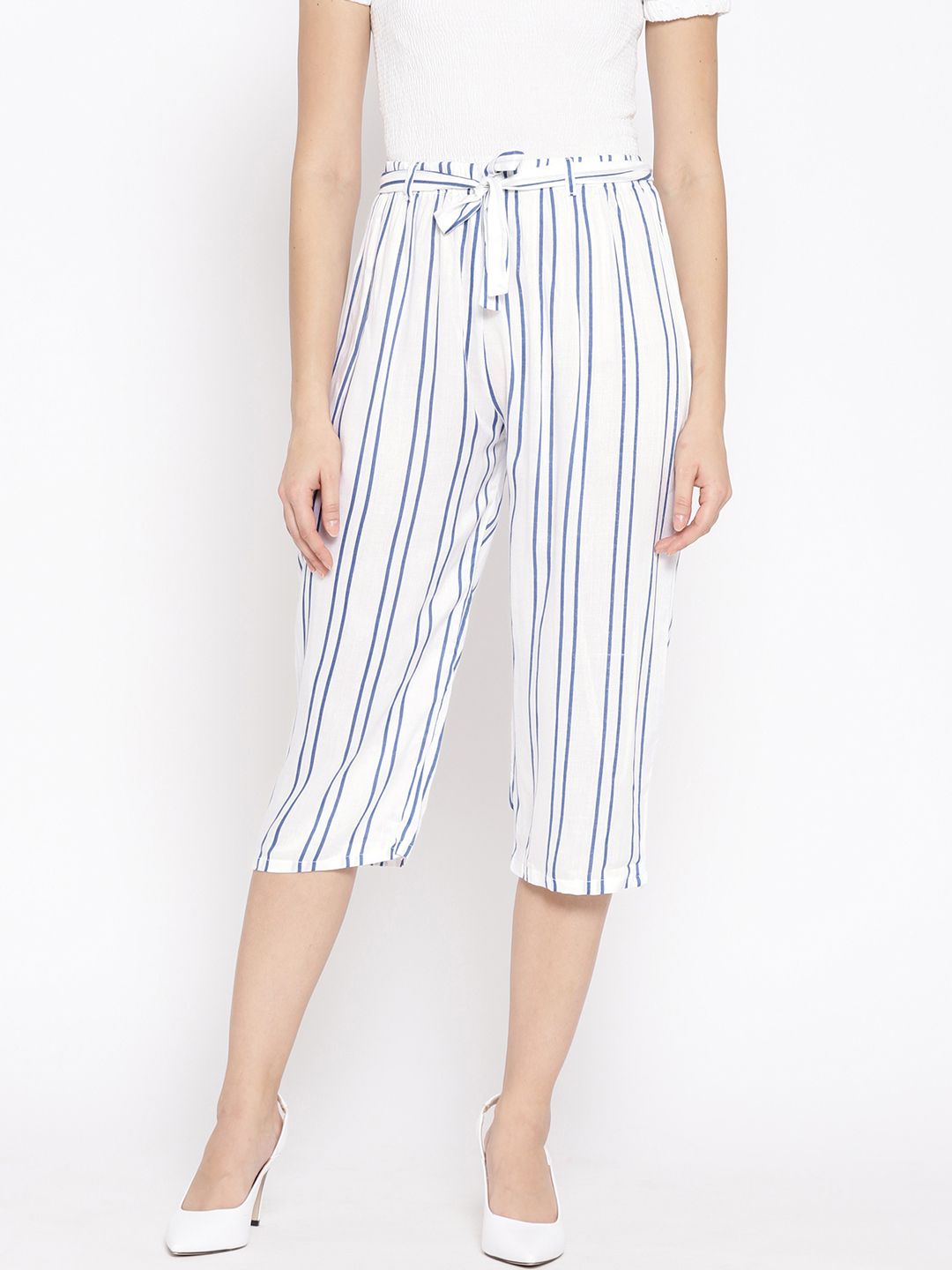 Vastraa Fusion Women White & Blue Regular Fit Striped Culottes Price in India