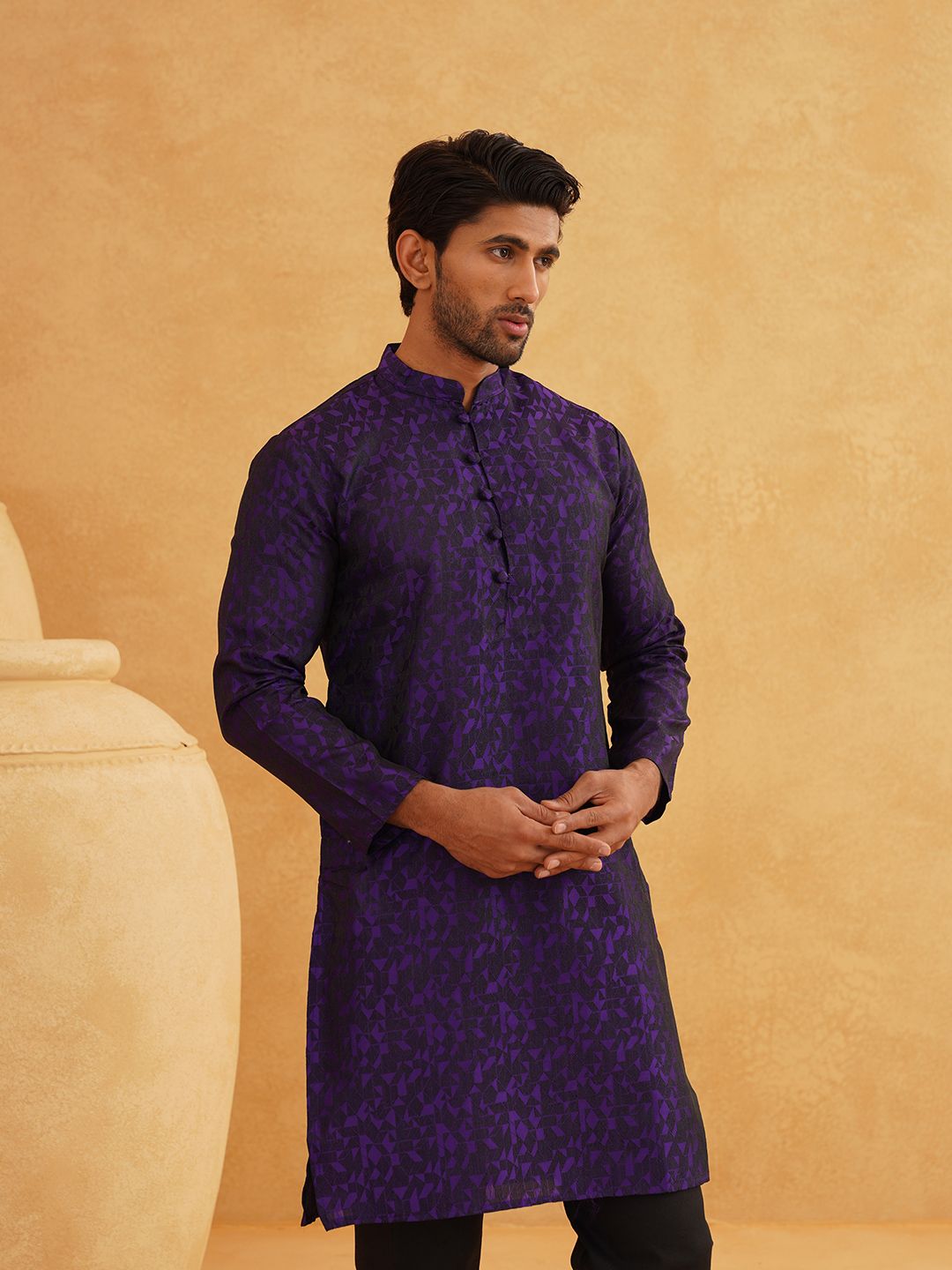 SOJANYA Men Purple Woven Design Straight Kurta