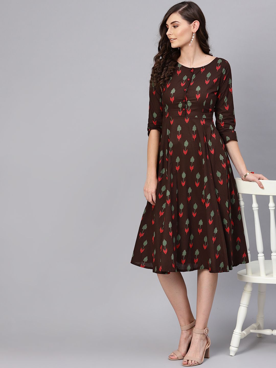 SASSAFRAS Women Coffee Brown & Green Printed A-Line Dress