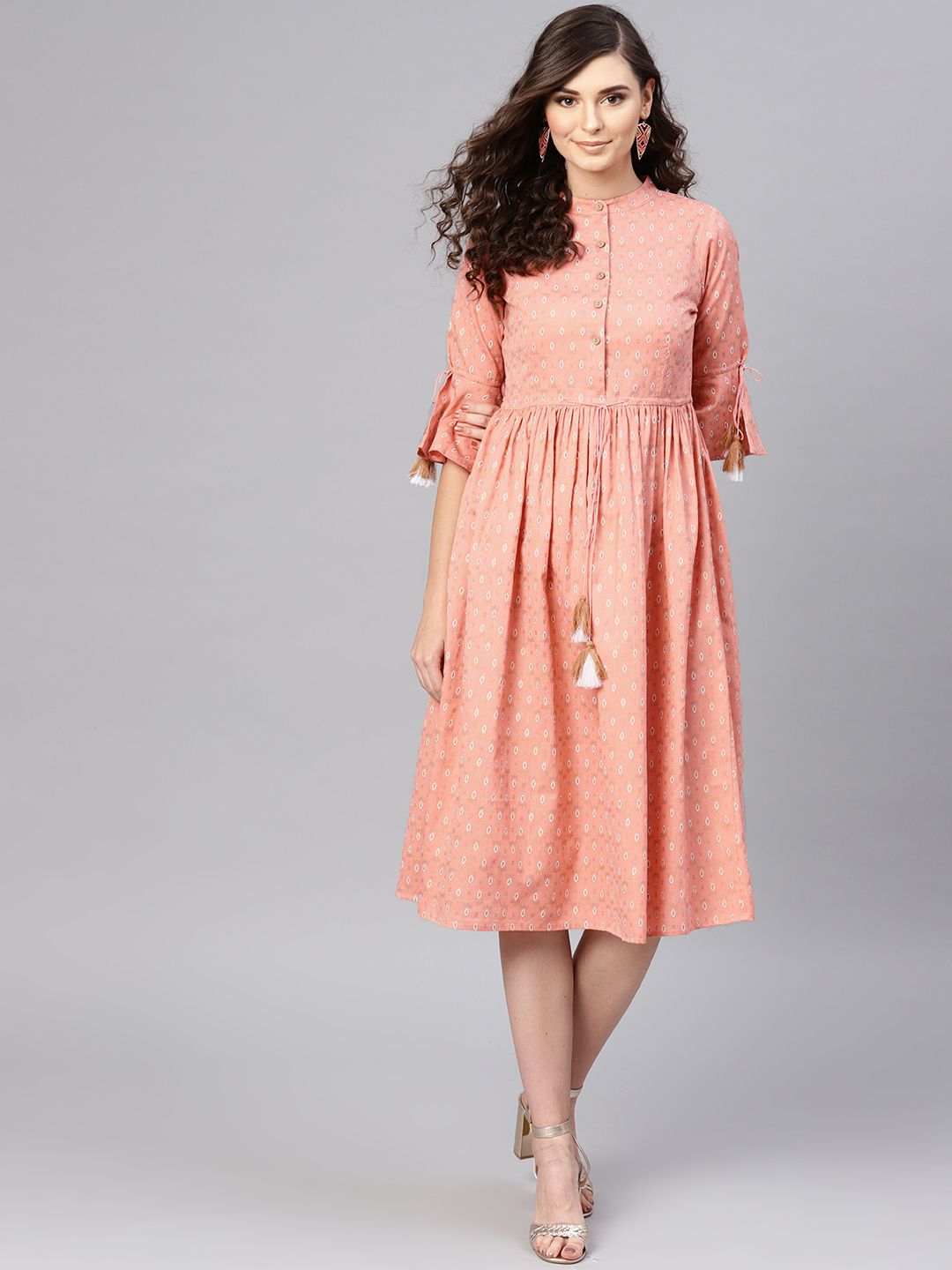 SASSAFRAS Women Peach-Coloured & Golden Printed A-Line Dress Price in India