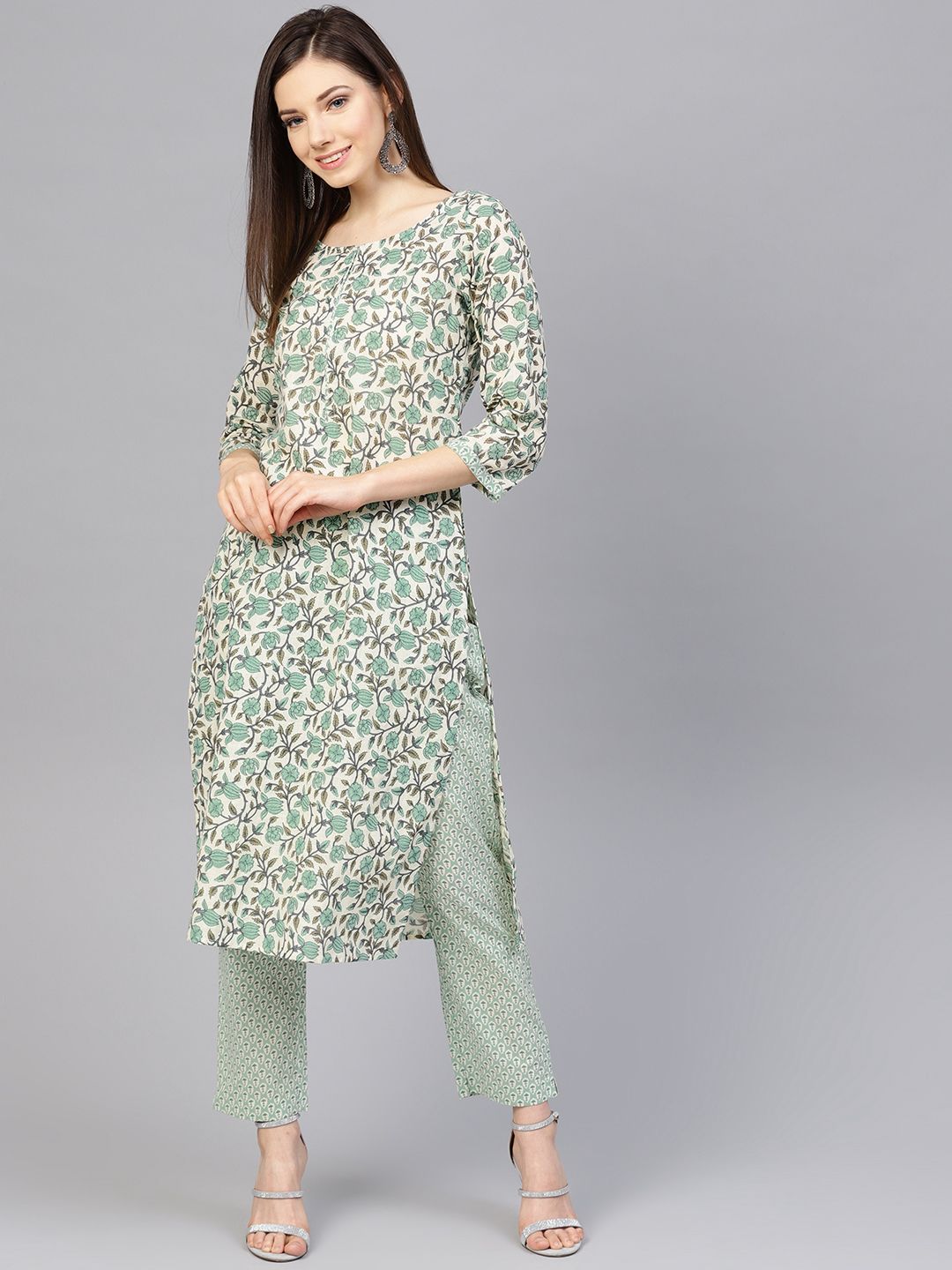 anayna Women Beige & Green Printed Kurta with Trousers Price in India