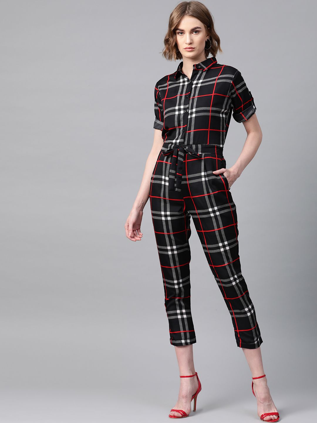 VOXATI Women Black & Off-White Checked Basic Jumpsuit Price in India