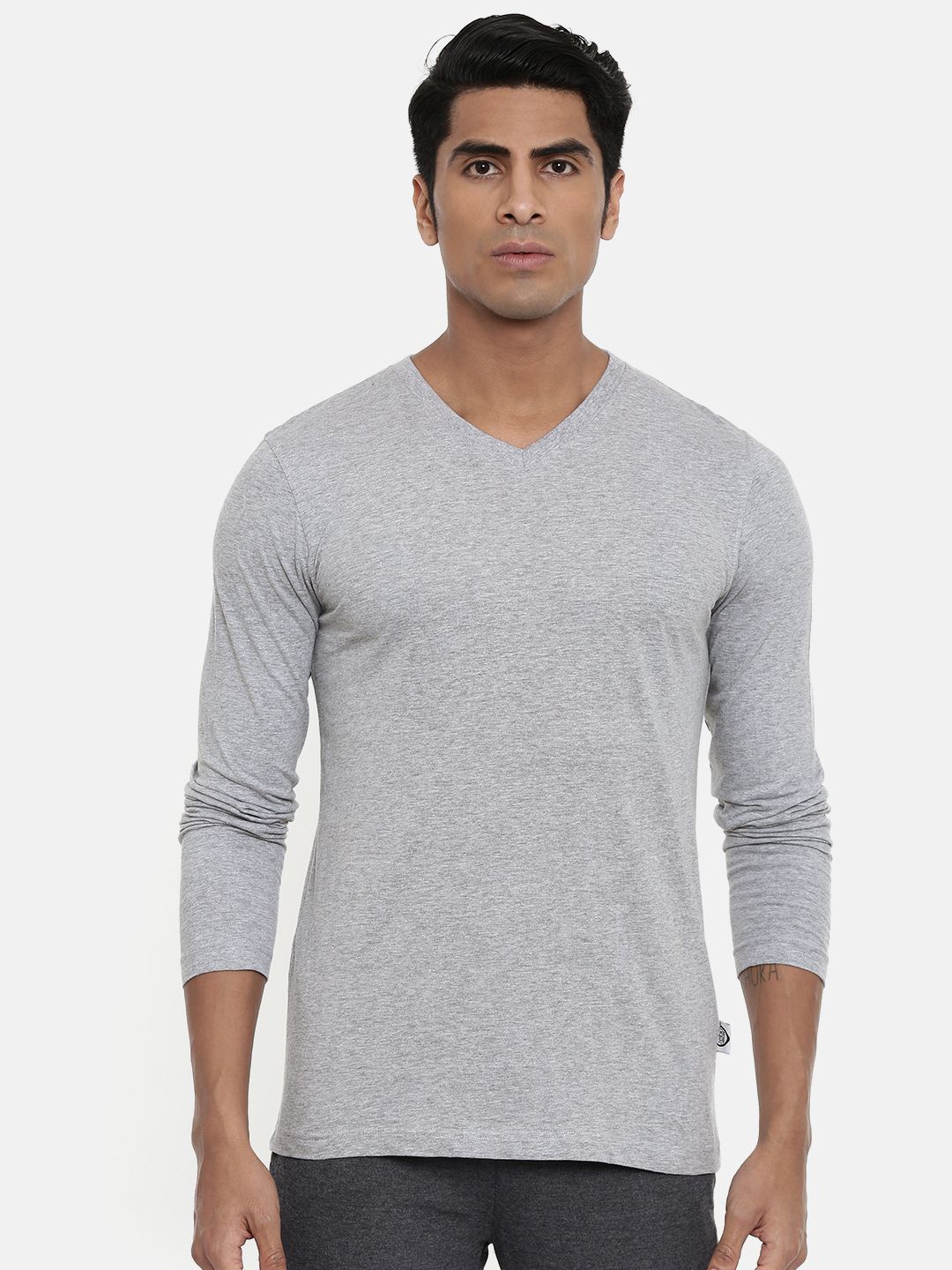 zebu Men Grey Melange Solid Round Neck Lounge T-shirt ZVNFS