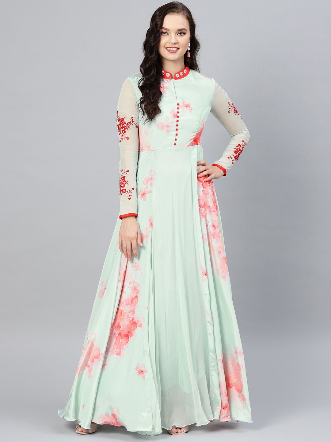 Inddus Women Sea Green & Red Floral Print Maxi Dress