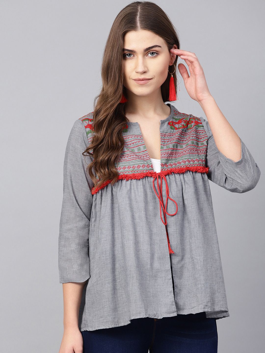 Bhama Couture Women Grey Solid Tie-Up Shrug Price in India