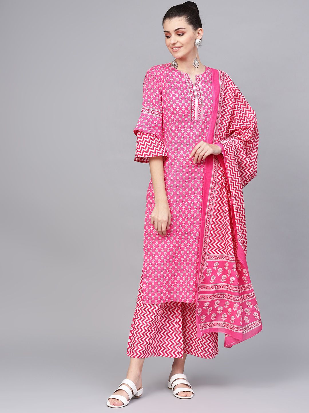 Jaipur Kurti Women Pink & White Printed Kurta with Palazzos & Dupatta Price in India