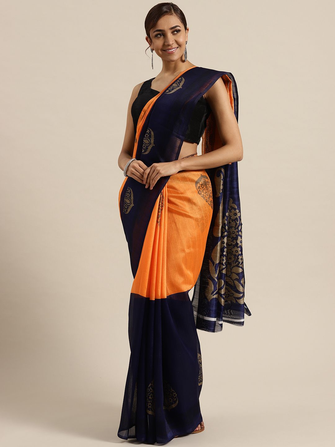 Saree mall Orange & Navy Blue Colourblocked Saree Price in India