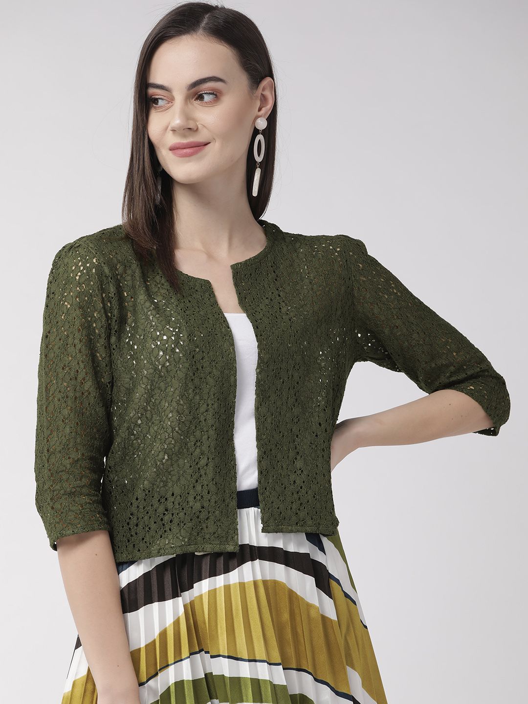 Style Quotient Women Olive Green Self Design Open Front Crop Shrug Price in India