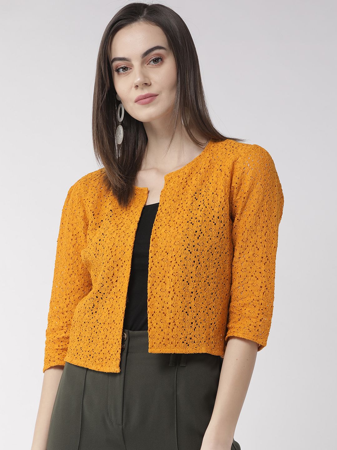 Style Quotient Women Mustard Yellow Self Design Open Front Shrug Price in India