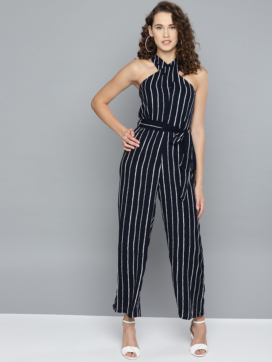 Marie Claire Women Navy Blue & White Striped Basic Jumpsuit Price in India