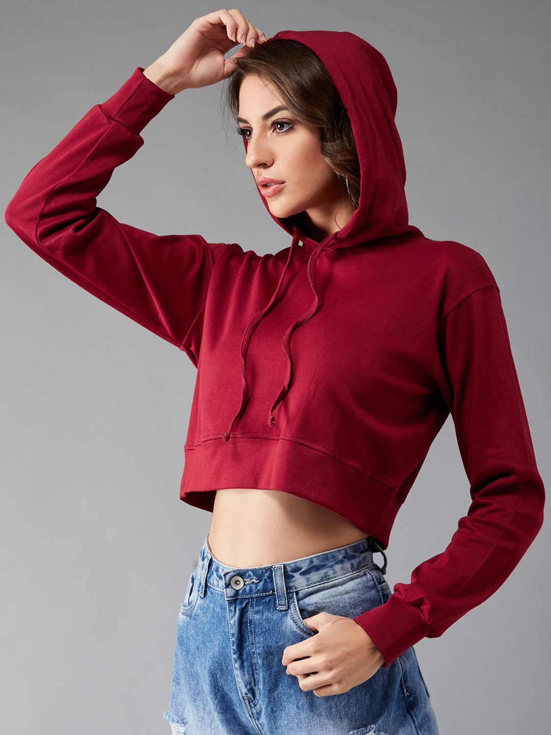 DOLCE CRUDO Women Maroon Solid Hooded Crop Sweatshirt Price in India
