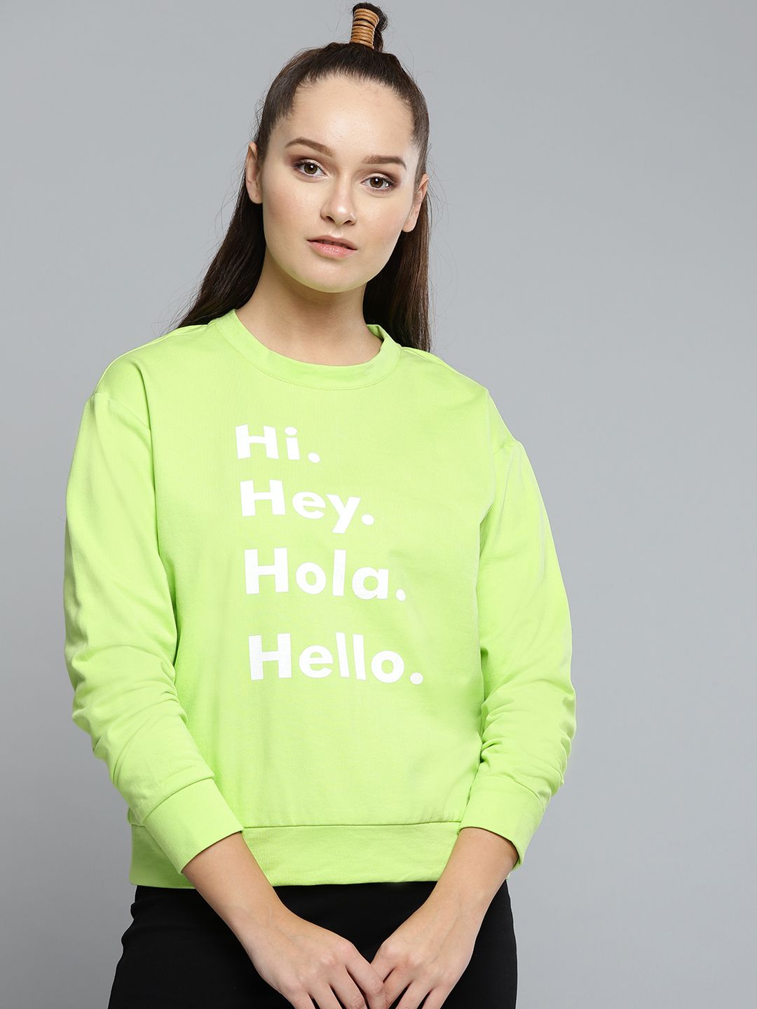 Besiva Women Fluorescent Green & White Printed Sweatshirt Price in India