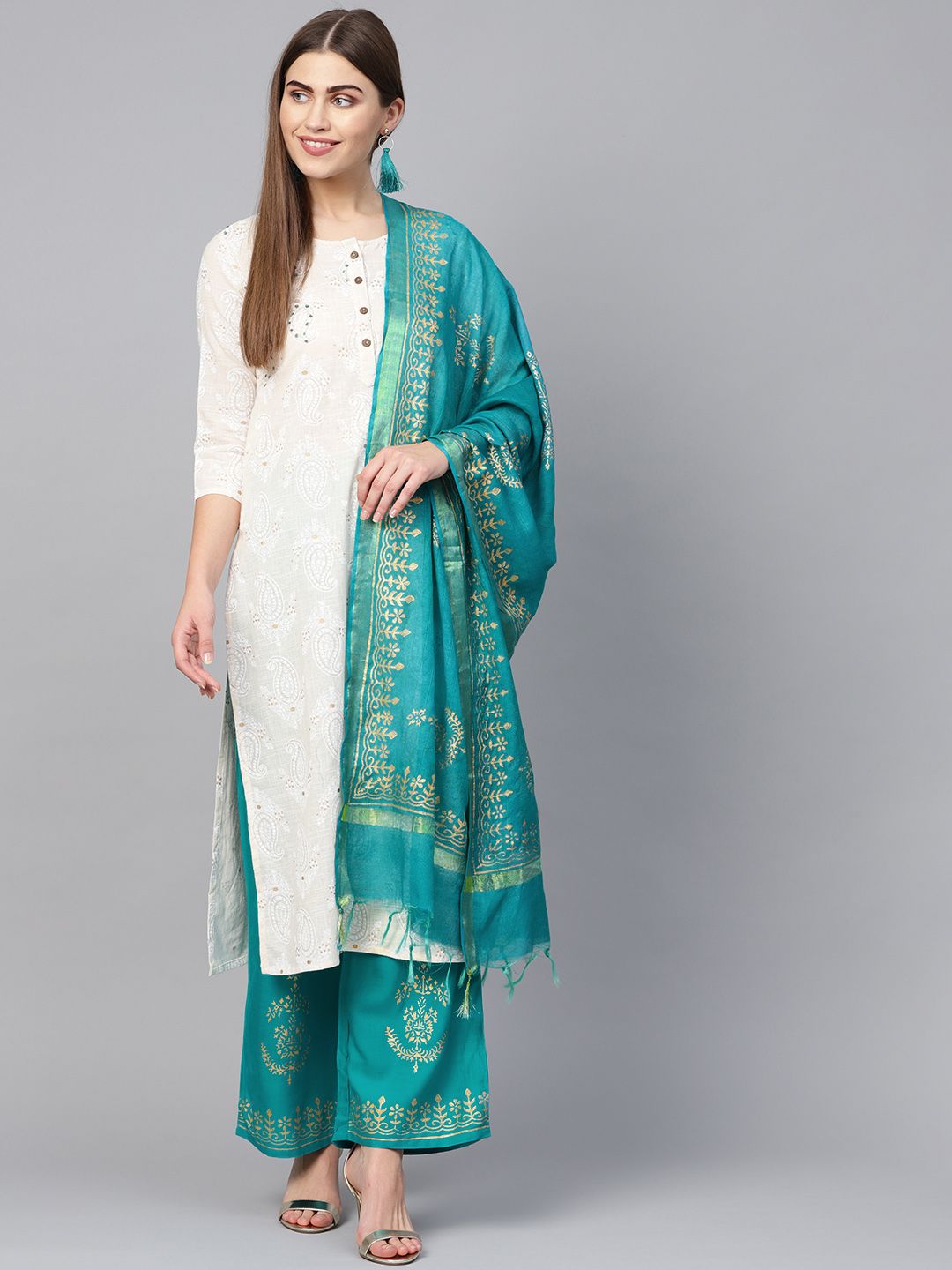 Yuris Women Beige & Green Printed Kurta with Palazzos & Dupatta Price in India