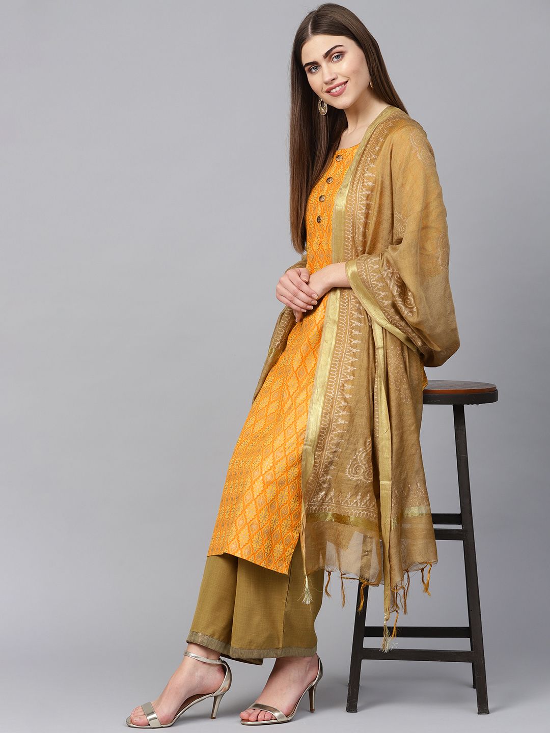 Yuris Women Yellow & Brown Printed Kurta with Palazzos & Dupatta Price in India