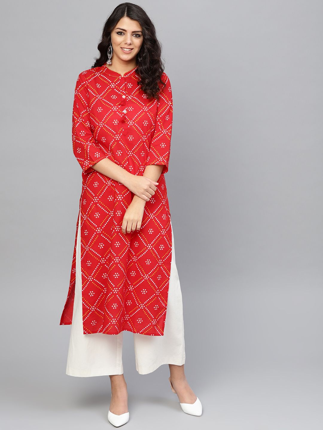 Yuris Women Red & White Bandhani Printed Straight Kurta Price in India