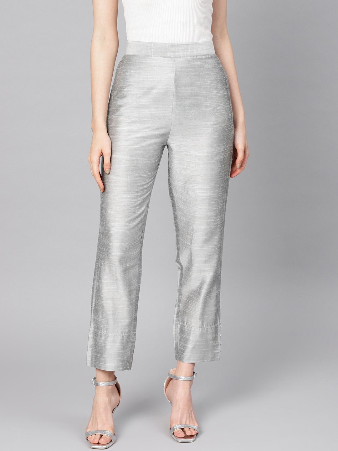 Varanga Women Silver Silk Regular Cropped Trousers Price in India