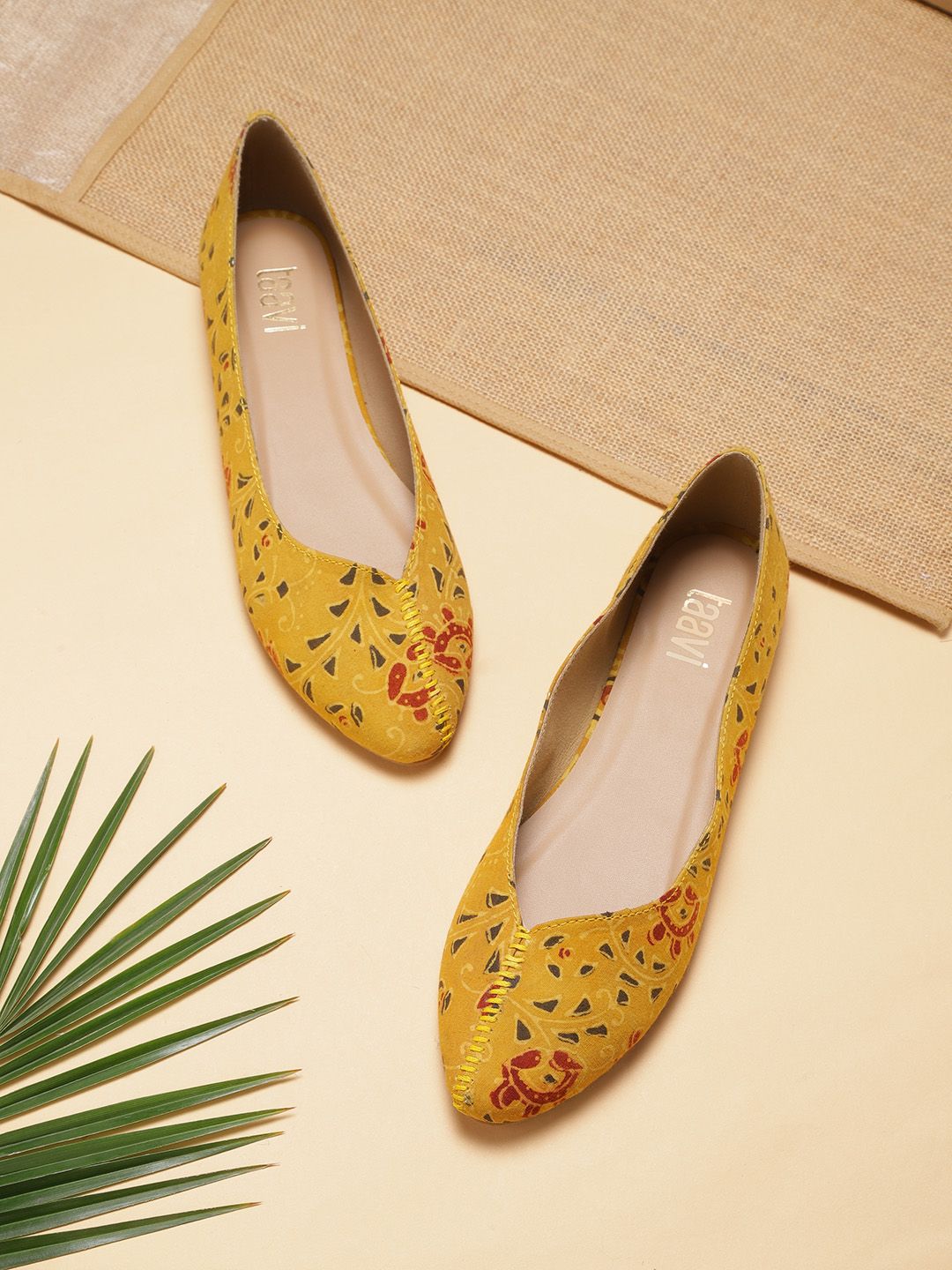 Taavi Women Mustard Yellow & Black Ajrakh Print Pointed Toe Ballerinas