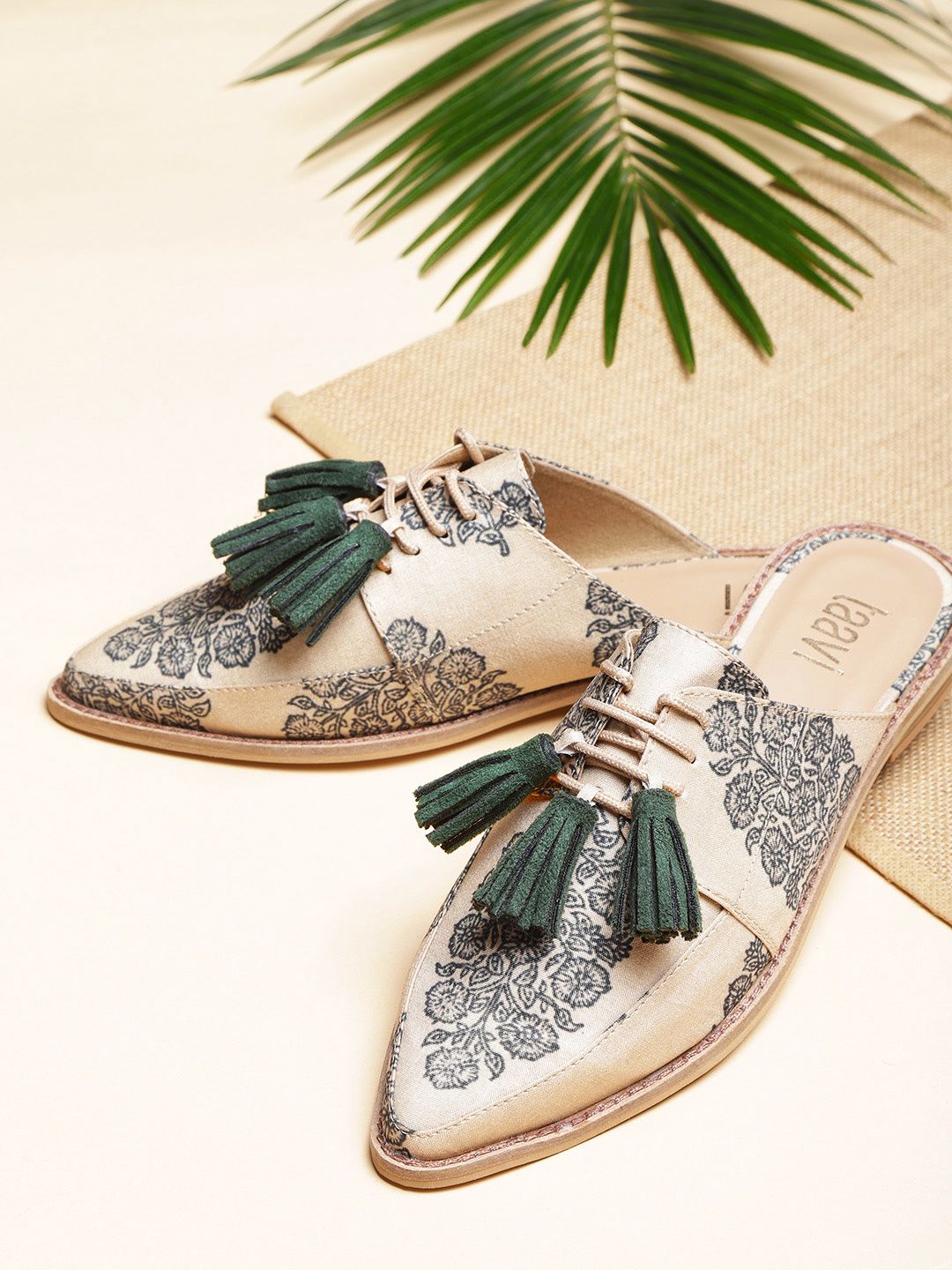 Taavi Women Beige & Green Woven Legacy Mules with Tasselled Detail Price in India
