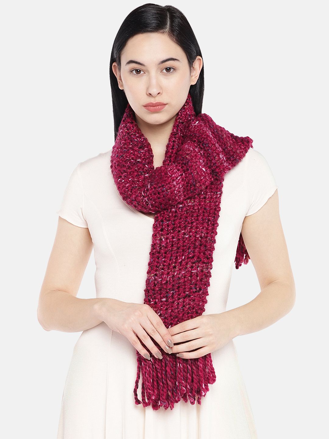 Magic Needles Women Maroon Self Design Handmade Seed Stitch Thick Shaded Scarf Price in India