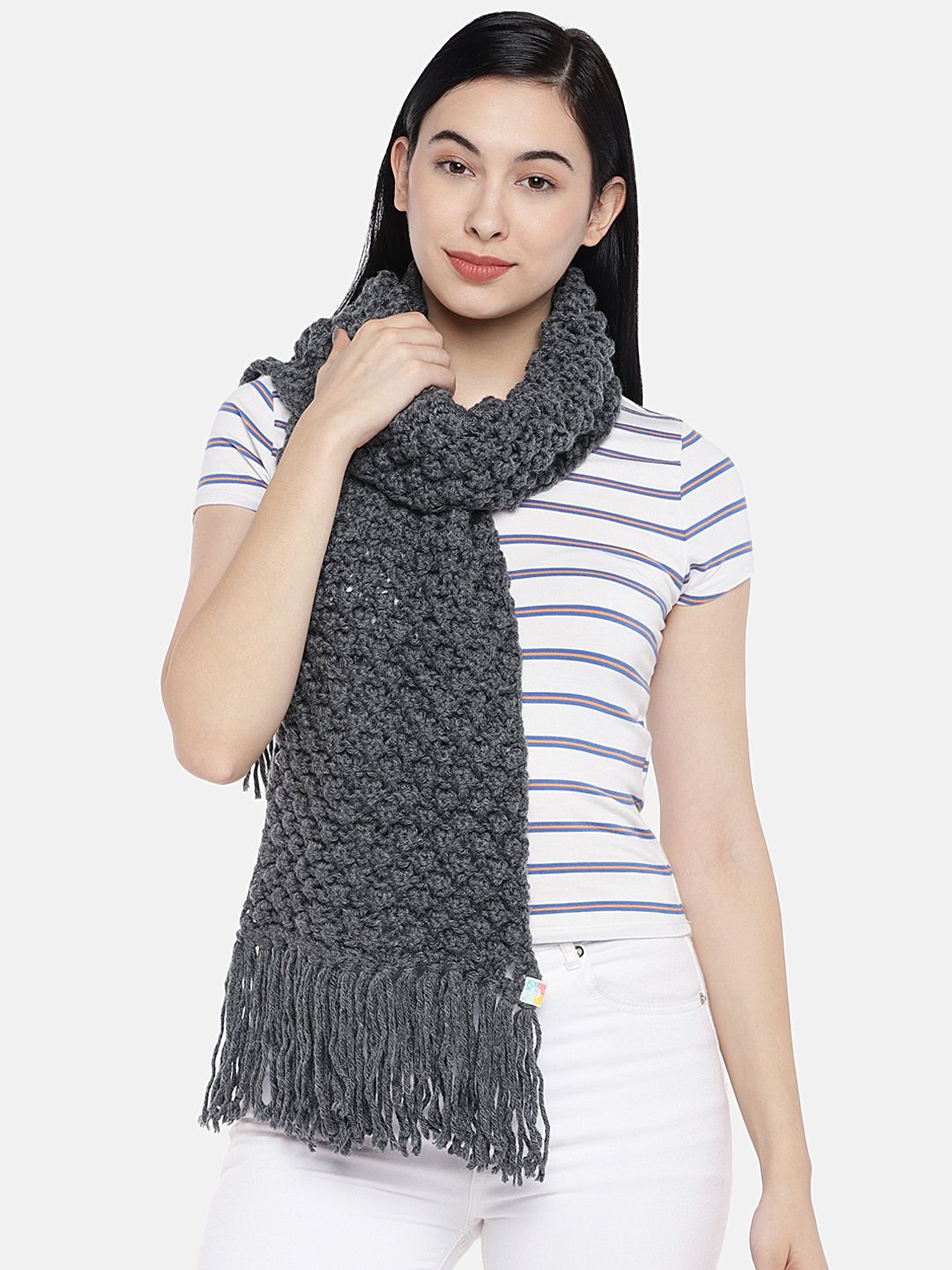 Magic Needles Women Grey Self Design Bobble Stitch Handmade Scarf Price in India