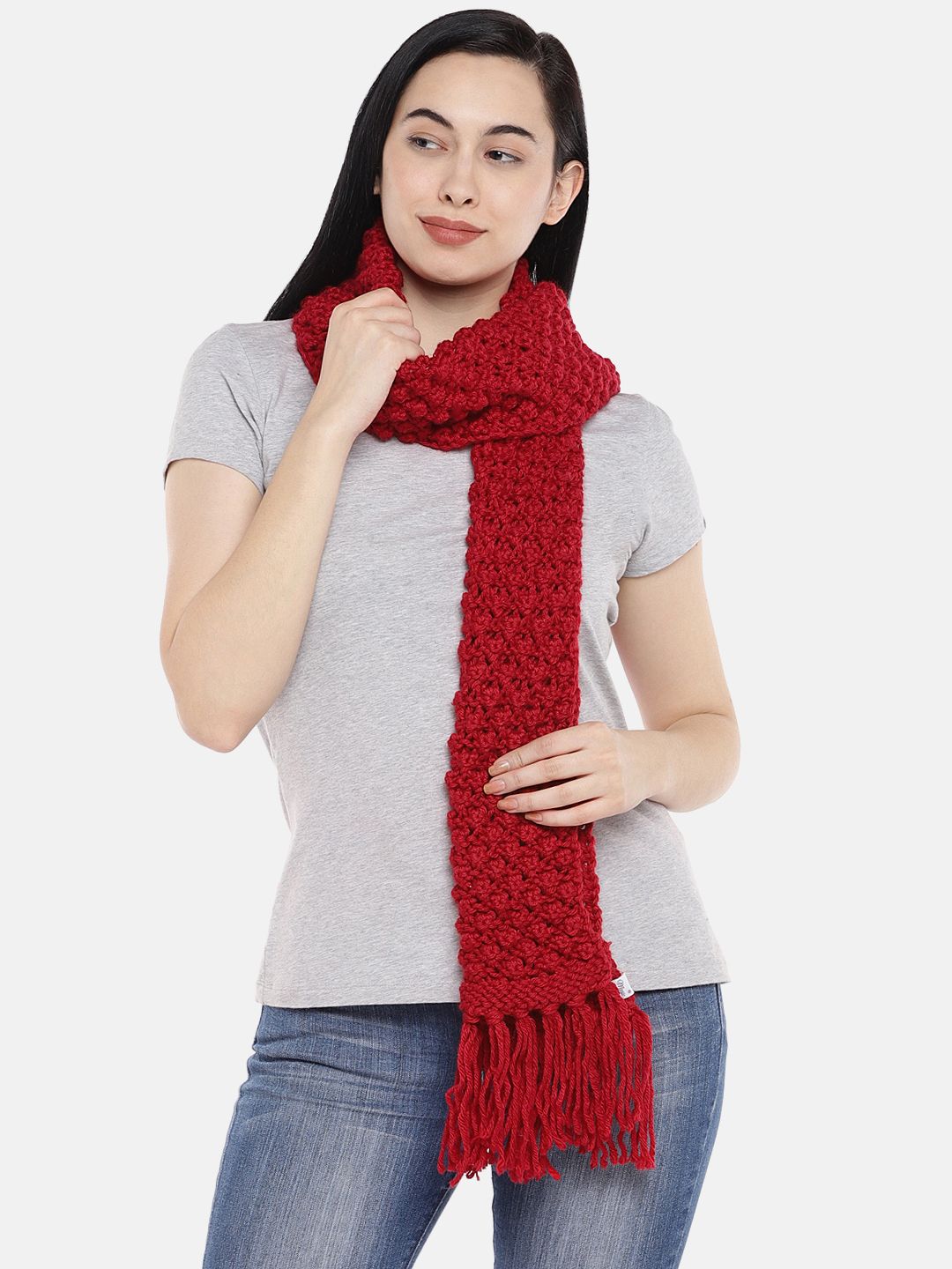 Magic Needles Women Red Self Design Bobble Stitch Handmade Scarf Price in India