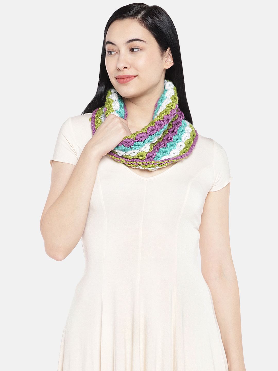 Magic Needles Women Multi-Coloured Self Design Shell Stitch Handmade Neckwarmer Price in India