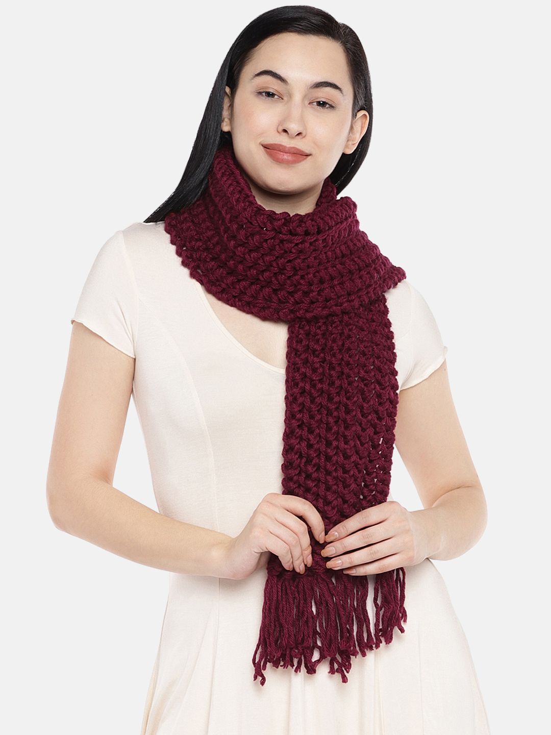 Magic Needles Women Maroon Self Design Double Knit Handmade Scarf Price in India