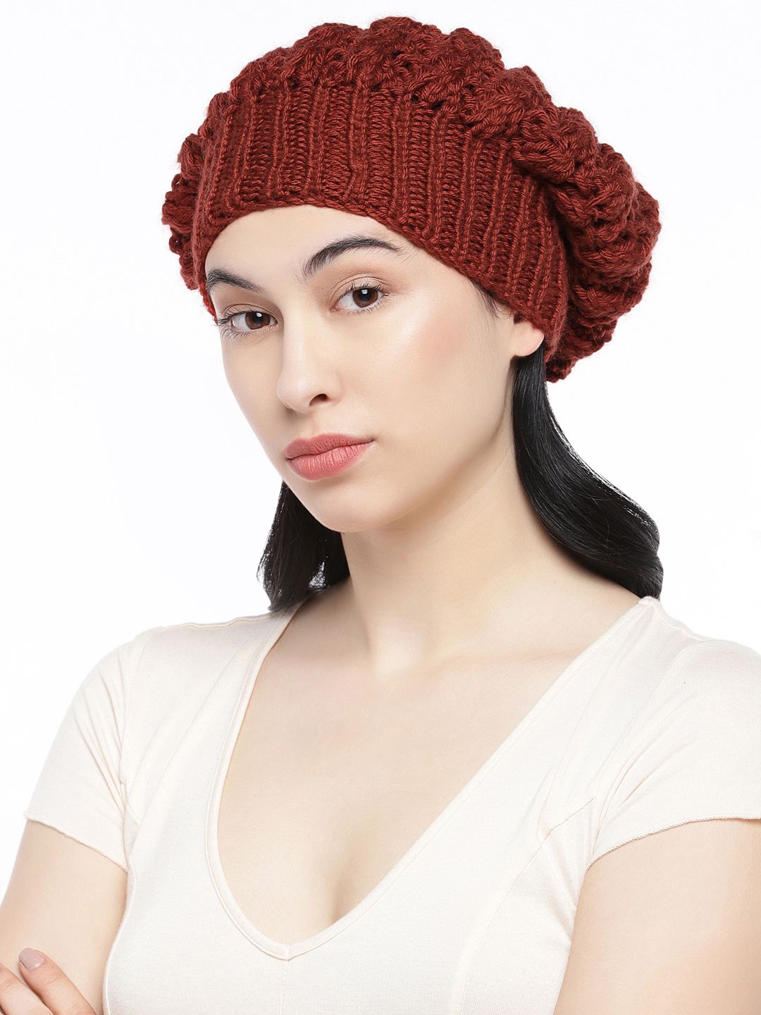 Magic Needles Women Maroon Self Design Handmade Beanie Price in India