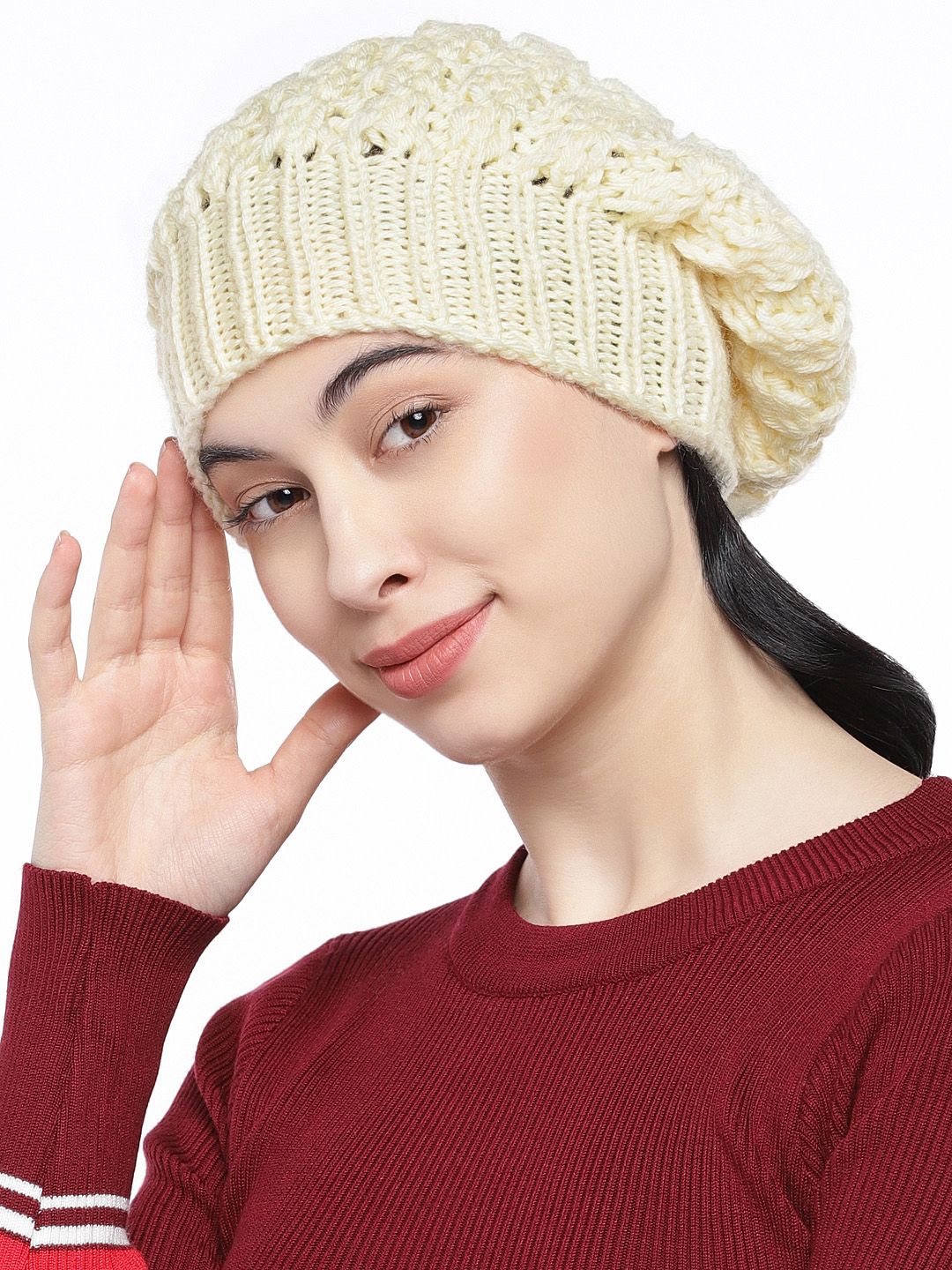 Magic Needles Women Off-White Self Design Beanie Price in India