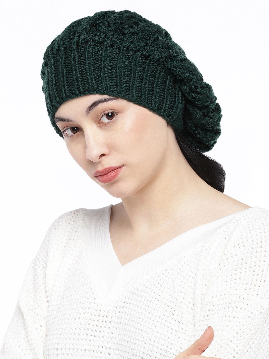 Magic Needles Women Green Self Design Handmade Beanie Price in India