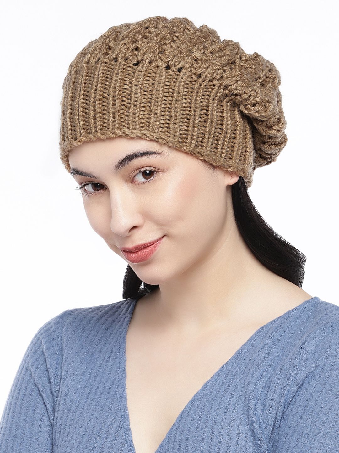 Magic Needles Women Khaki Self Design Handmade Beanie Price in India