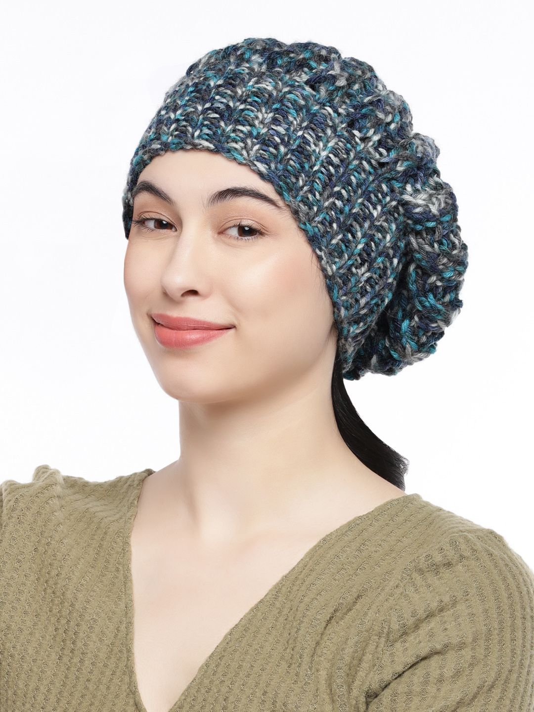 Magic Needles Women Blue & Cream-Coloured Self Design Beanie Price in India