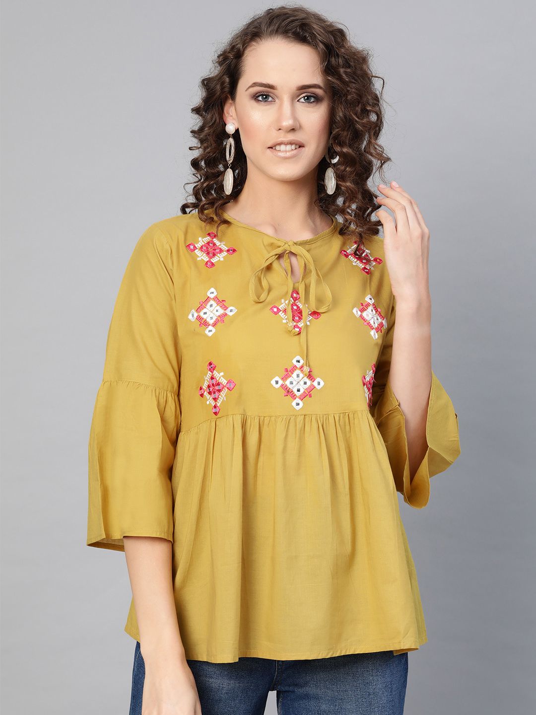Bhama Couture Women Mustard Yellow Solid Mirror Work A-Line Top