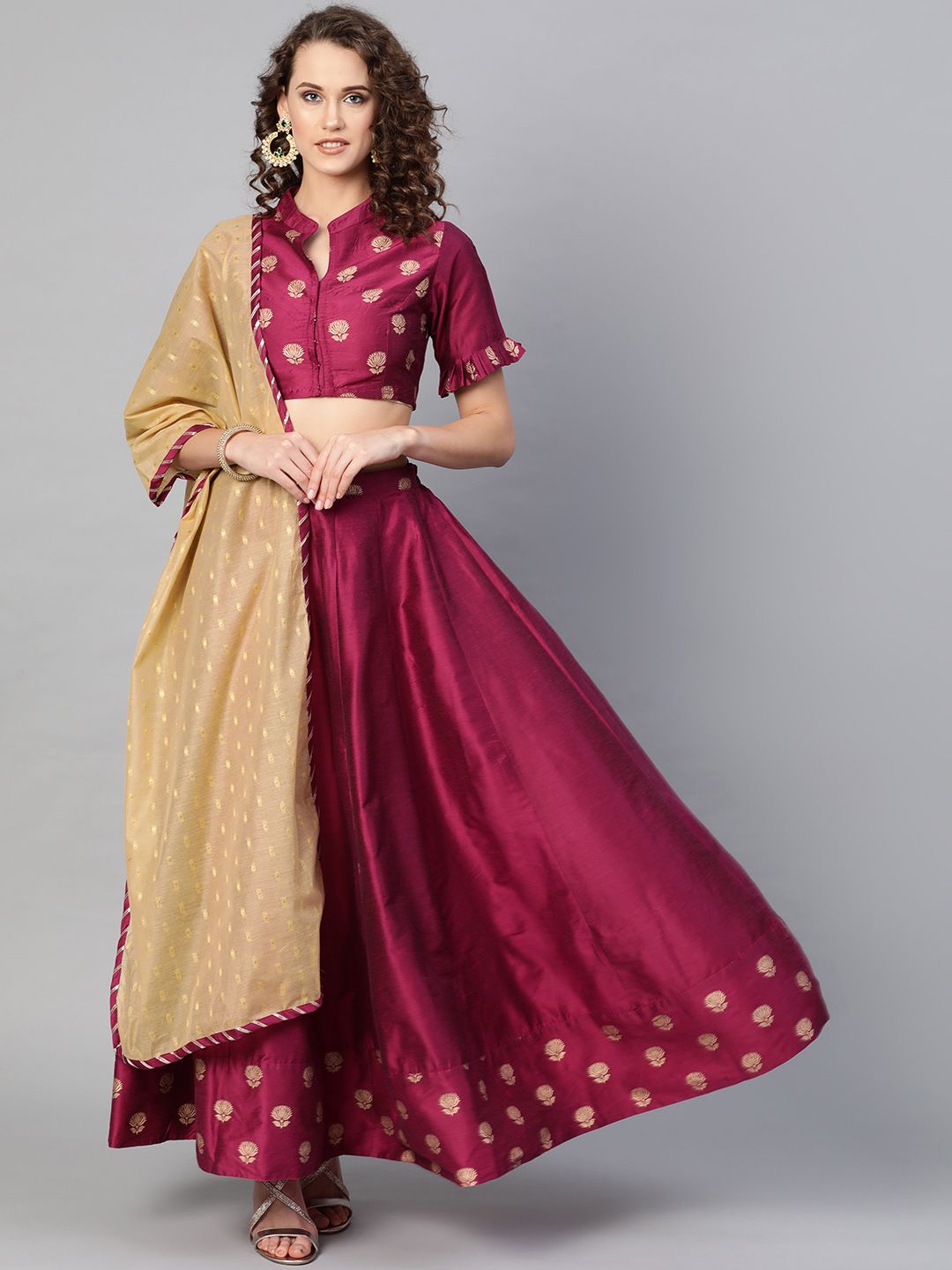 Bhama Couture Magenta & Beige Solid Lehanga Choli With Dupatta