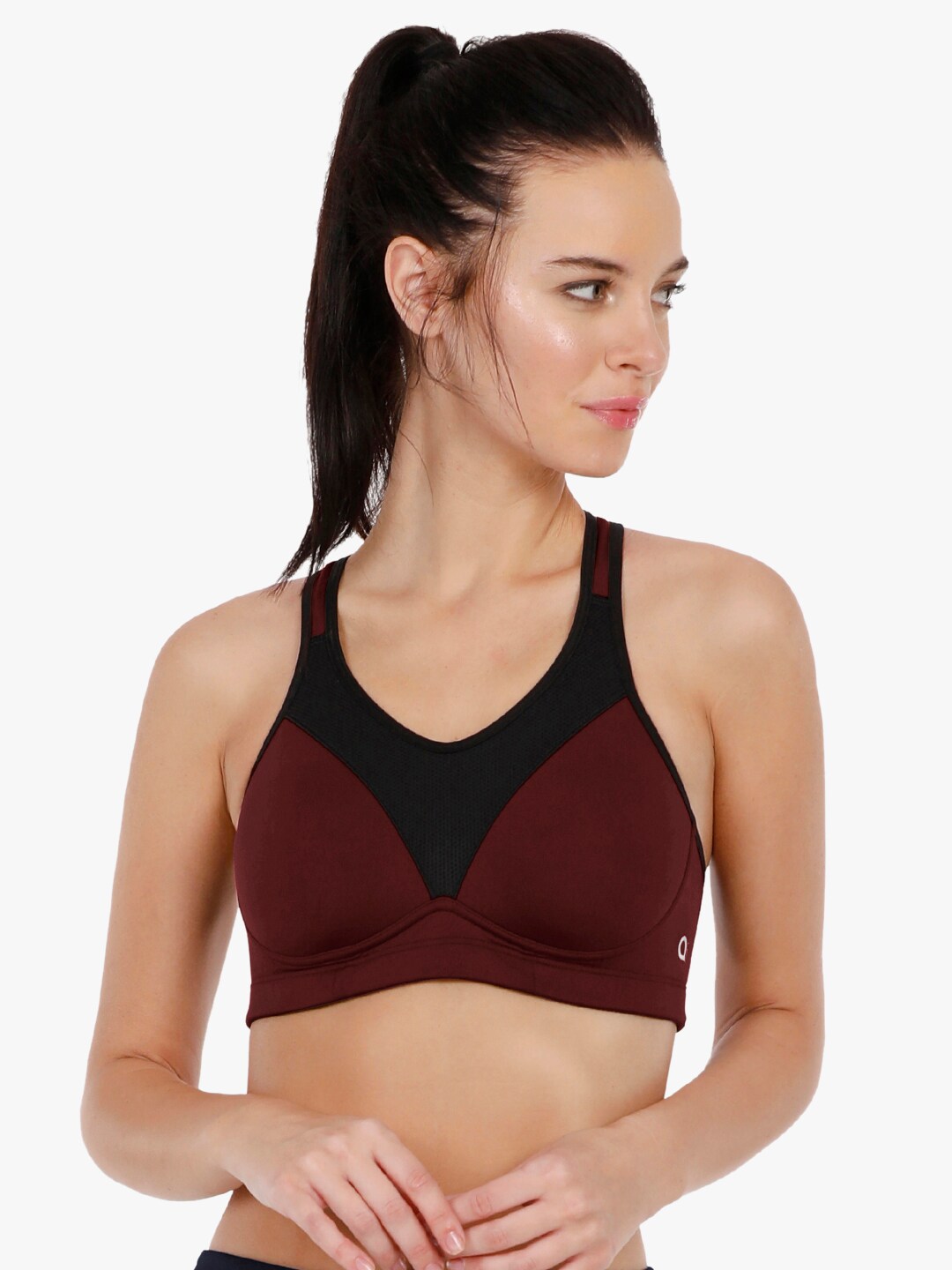 Amante Maroon & Black Colourblocked Non-Wired Lightly Padded Sports Bra ABR17116 Price in India
