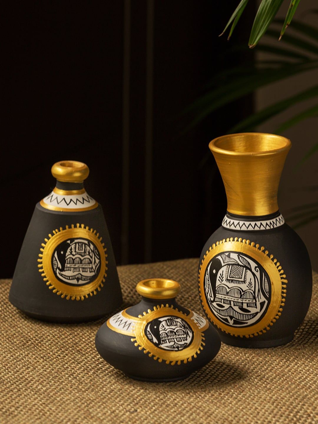 ExclusiveLane Set of 3 Black Hand-Painted Madhubani Jet Black MatkisTerracotta Vases Price in India