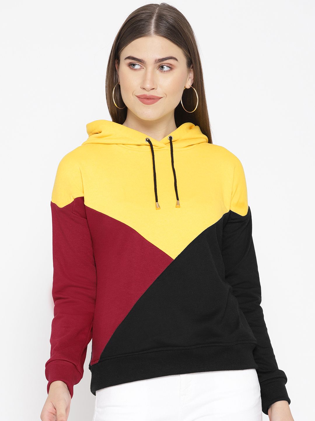 Alsace Lorraine Paris Women Yellow & Black Colourblocked Hooded Sweatshirt Price in India