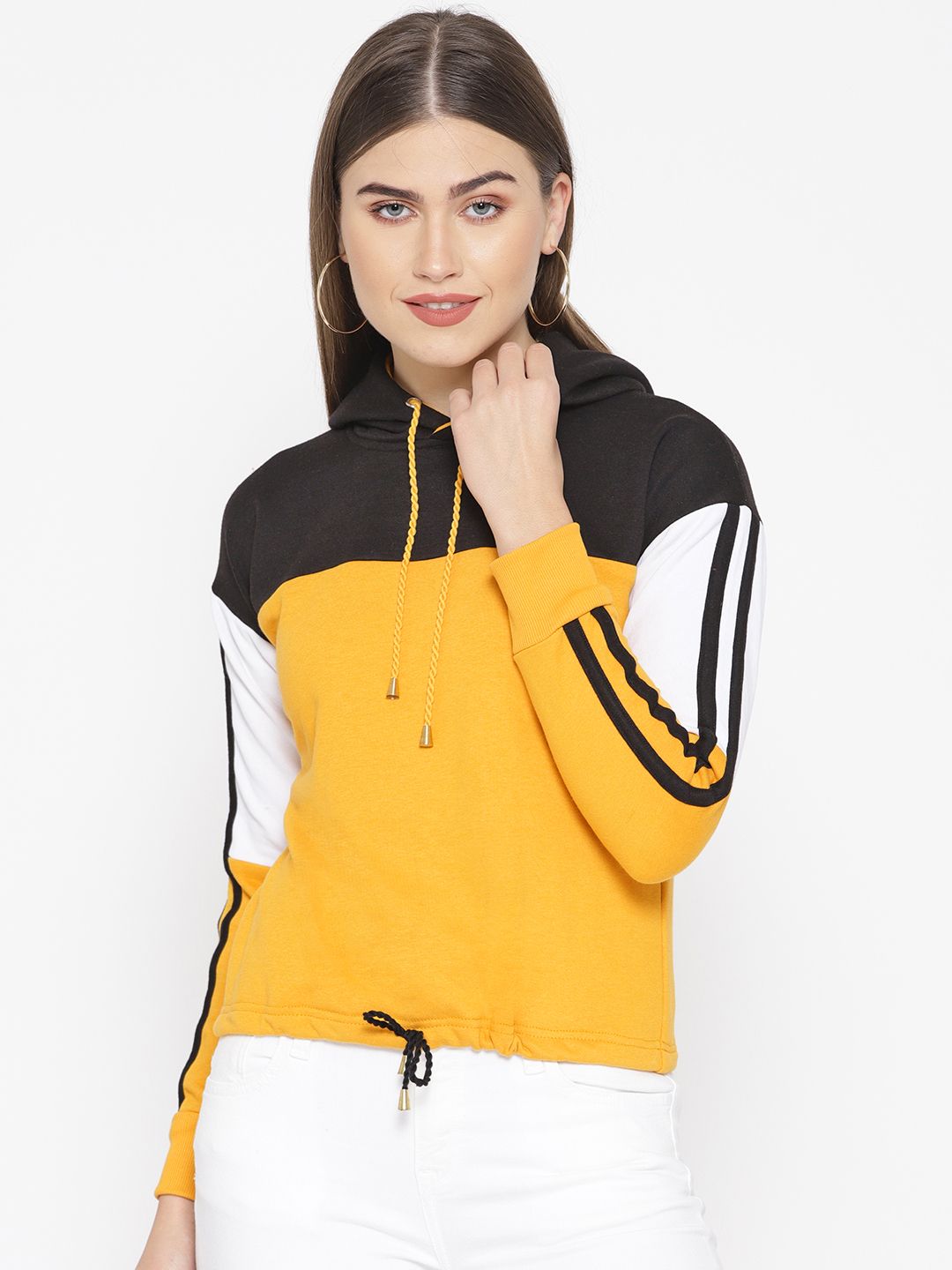 Alsace Lorraine Paris Women Mustard Yellow & Black Colourblocked Hooded Sweatshirt Price in India