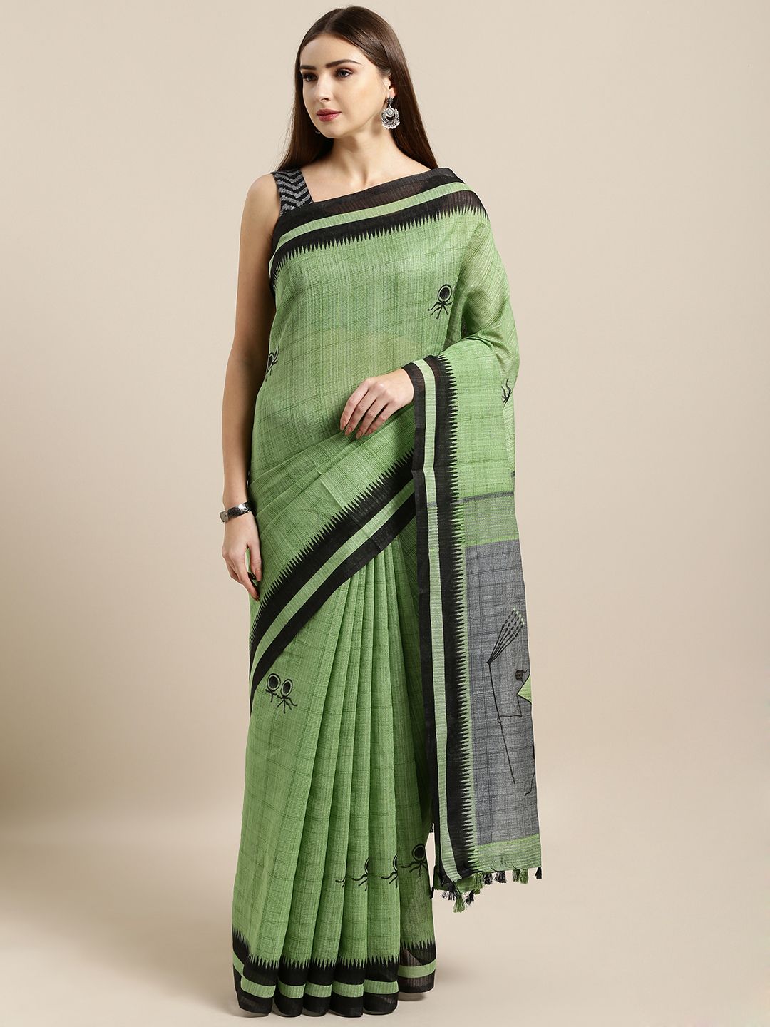 Rajnandini Green & Black Linen Blend Warli Printed Saree