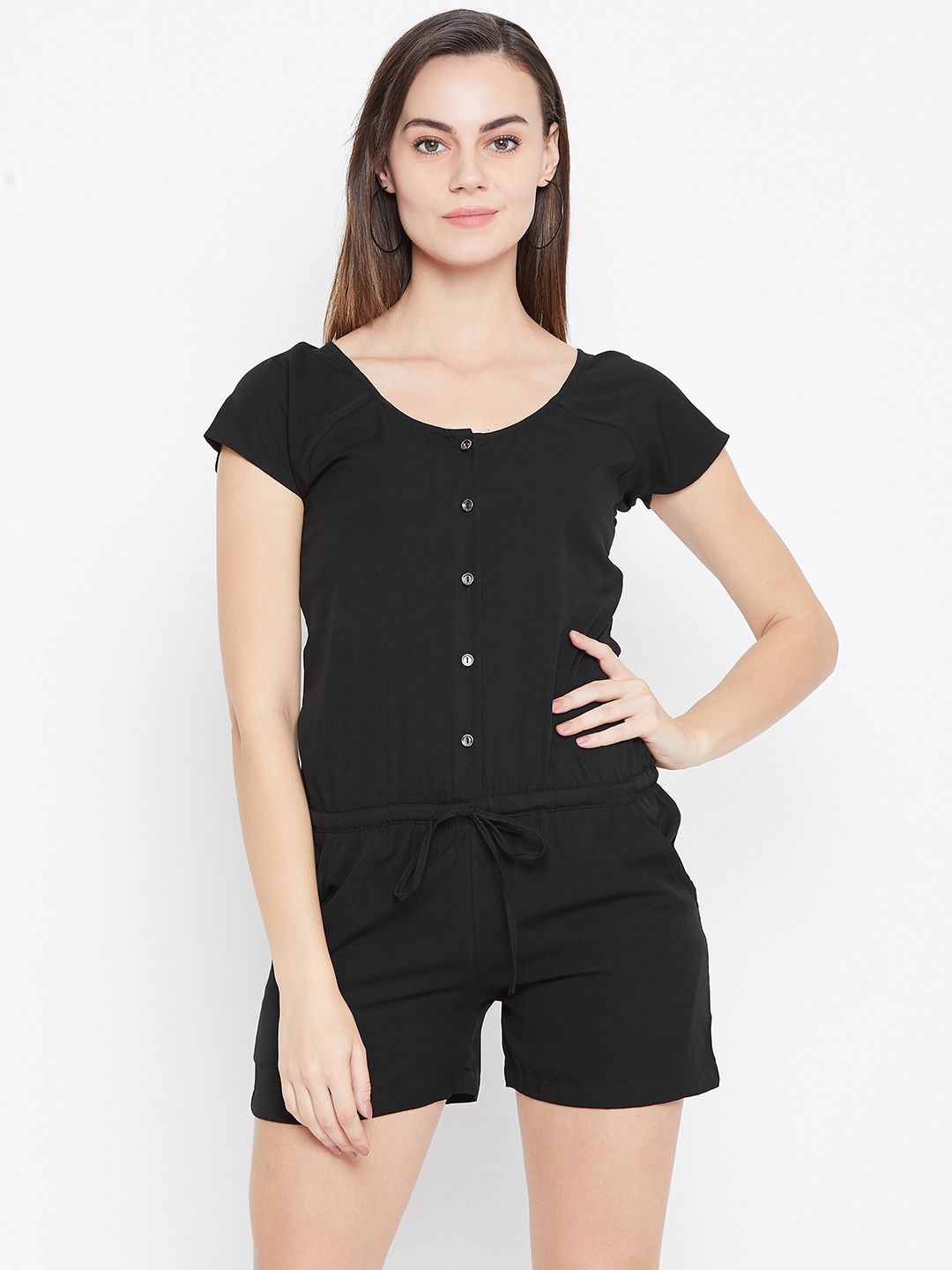 Cottinfab Women Black Solid Playsuit Price in India