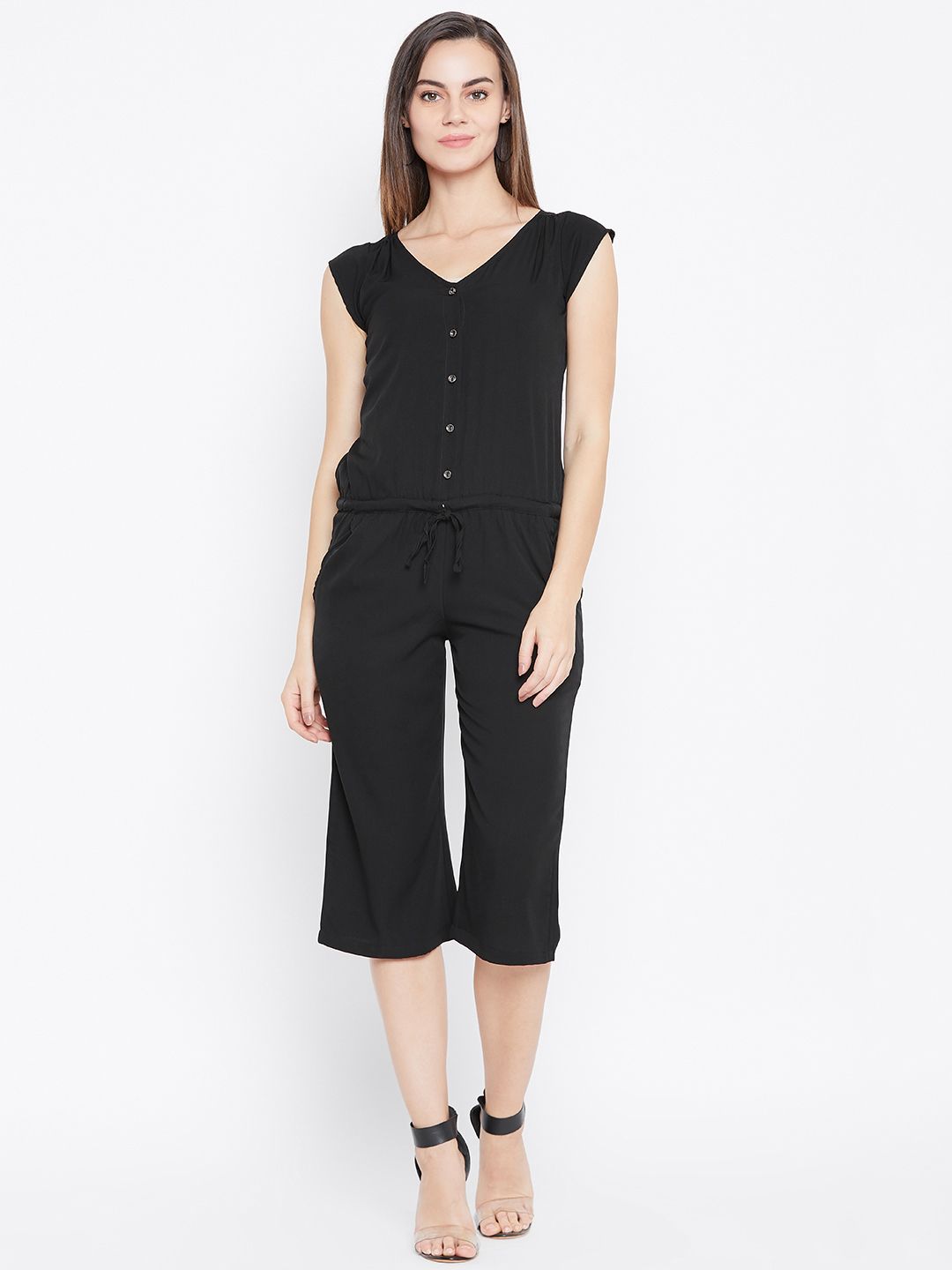 Cottinfab Women Black Solid Capri Jumpsuit Price in India